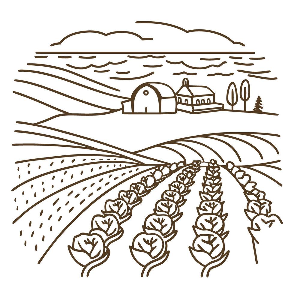 Line art farm landscape with barn and crops in rural setting under cloudy sky vector