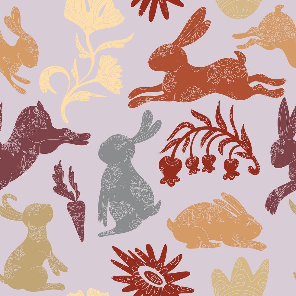 a pattern with rabbits and flowers on a purple background vector