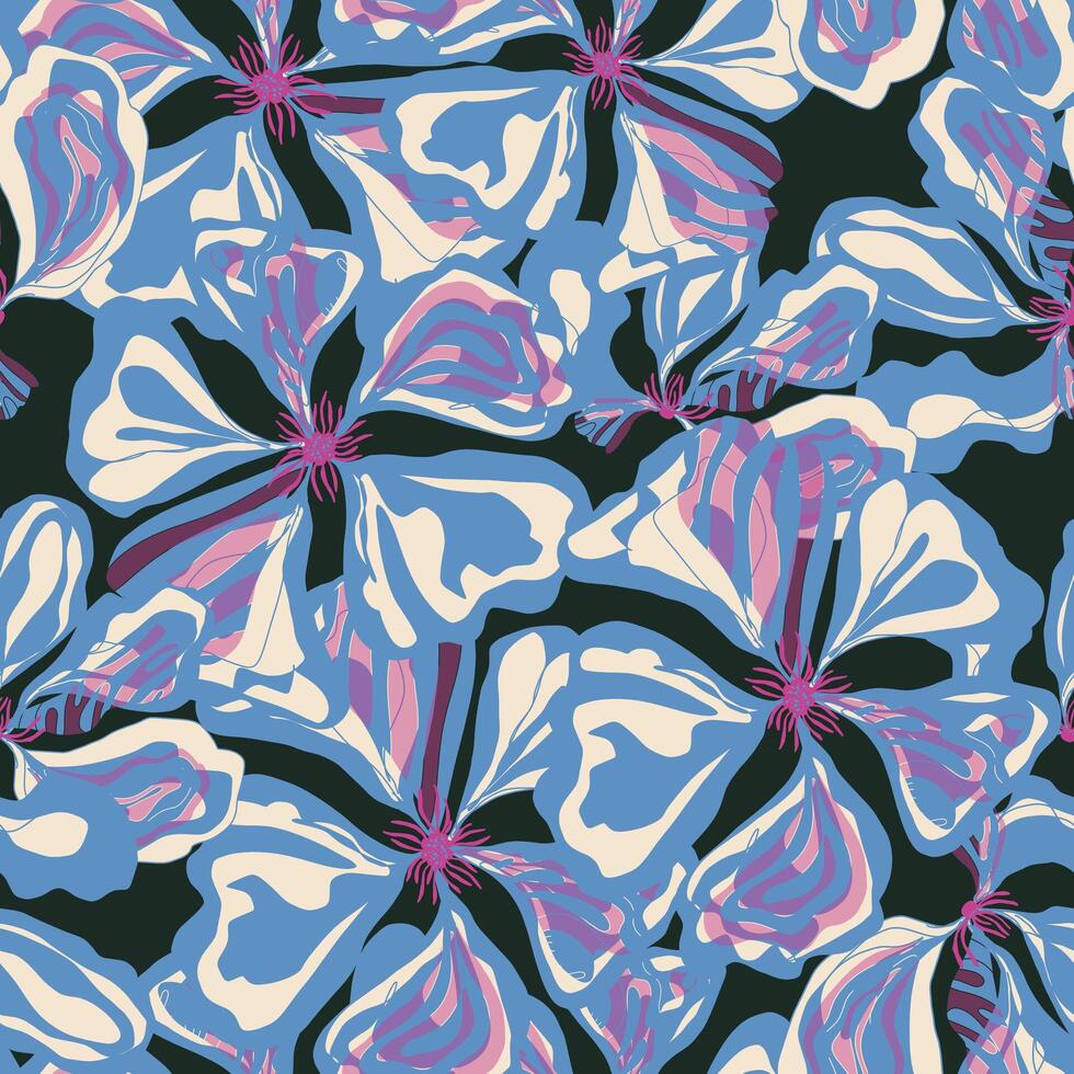 a blue and pink flower pattern on a black background vector
