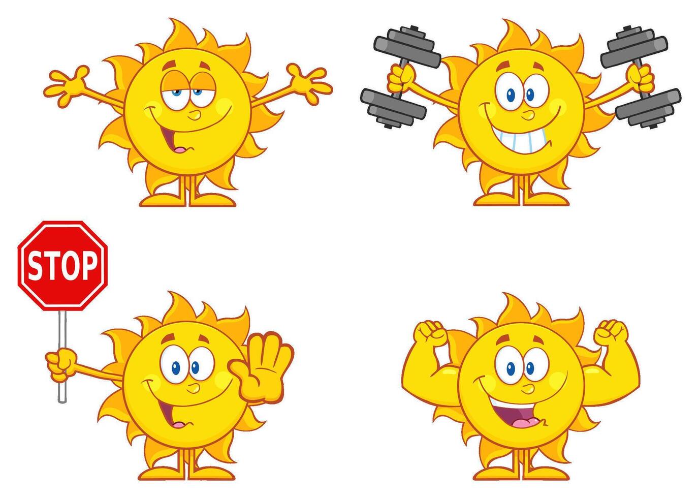 Funny Sunshine Mascot Collection Showing Strength Stop And Smiles vector
