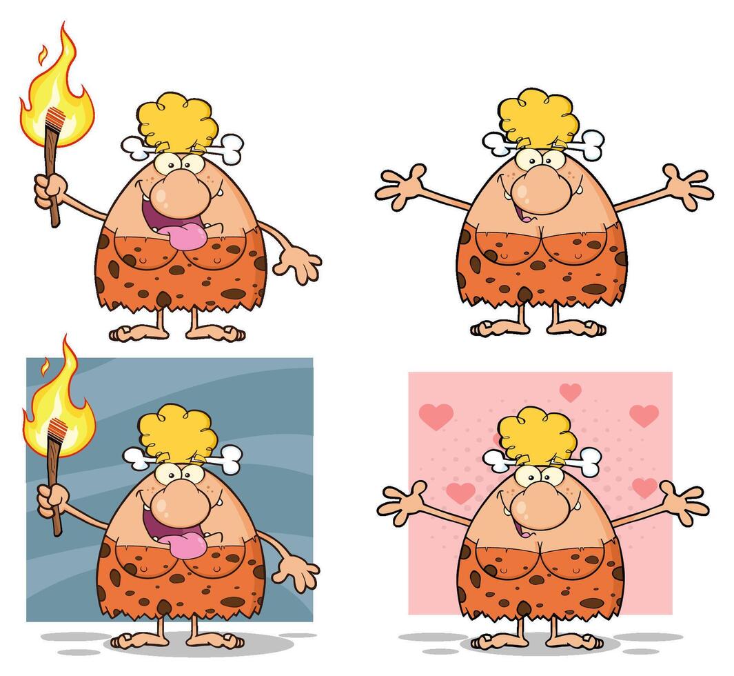 Funny Stone Age Woman With Torch Tongue Out And Open Arms vector