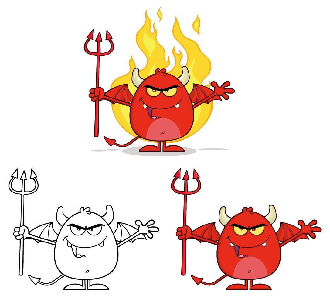 Funny Devil Monster Character Collection With Tridents And Flames vector