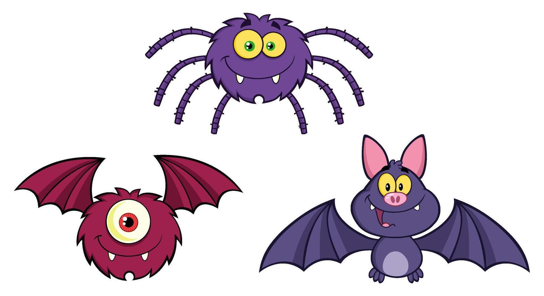 Cute Cartoon Bats And Spider Set With Happy Faces vector