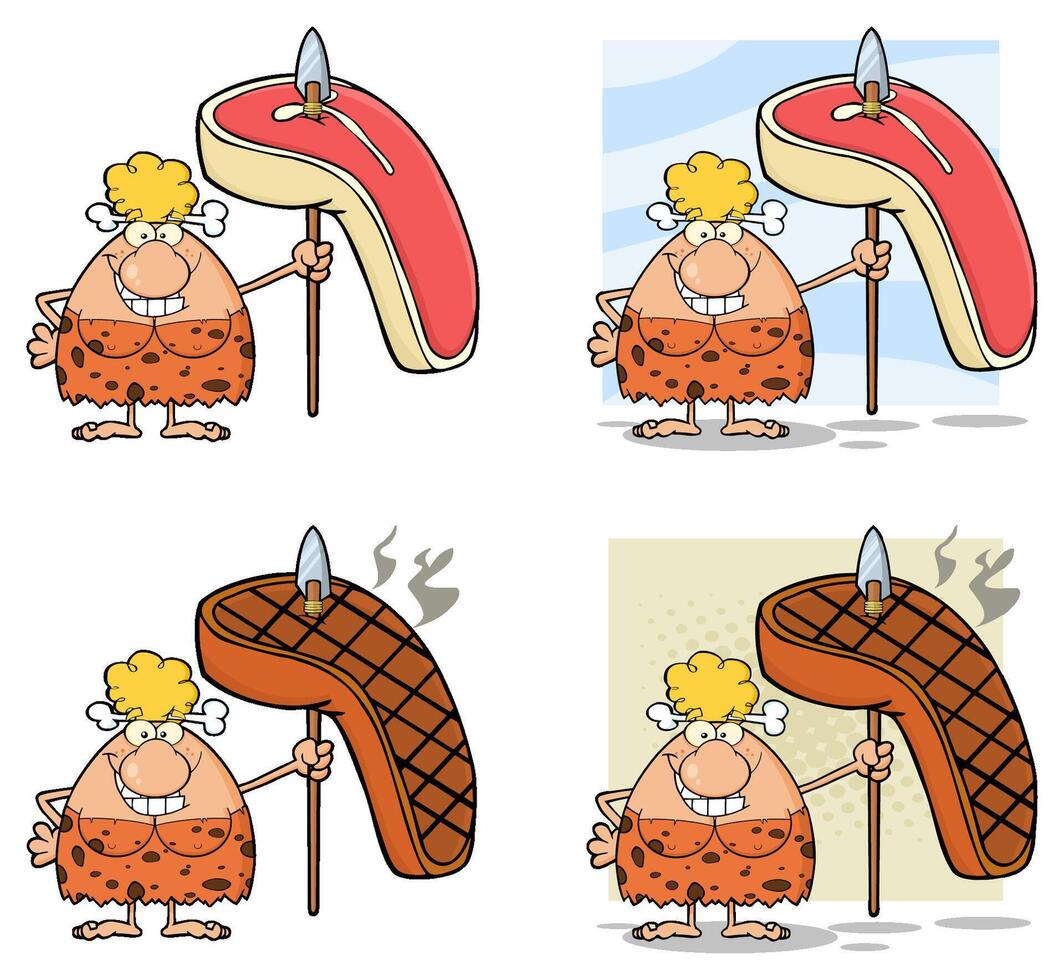 Cartoon Caveman Holding Giant Meat On Spear In Raw And Cooked Versions vector