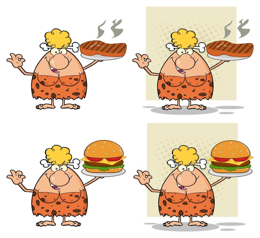 Funny Stone Age Woman Offering Meat And Cheeseburger vector