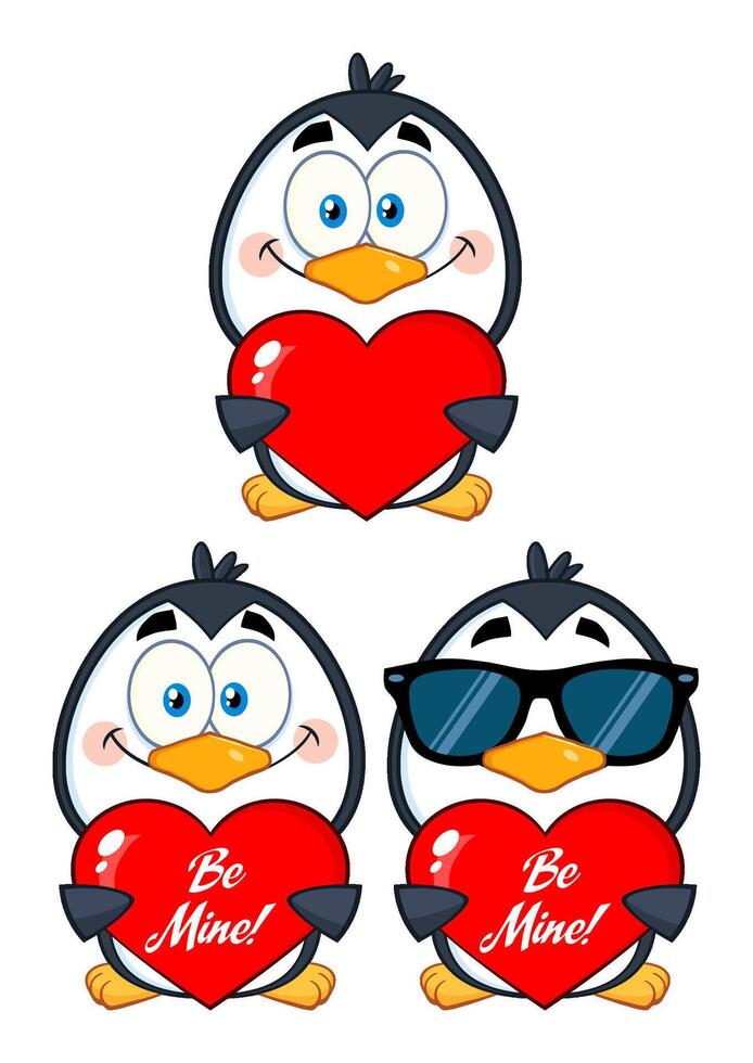 Valentines Day Penguin Cartoon Set With Be Mine Hearts vector