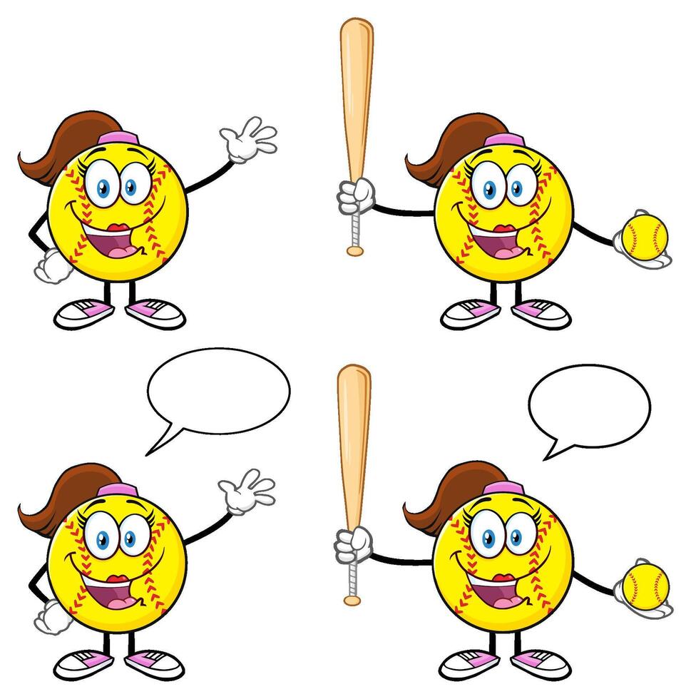 Cartoon Softball Girl Character In Different Poses With Speech Bubbles vector