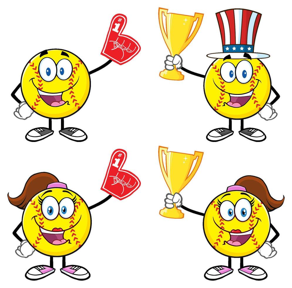 Cartoon Softball Character Collection With Trophy Fan Glove And Patriotic Hat vector