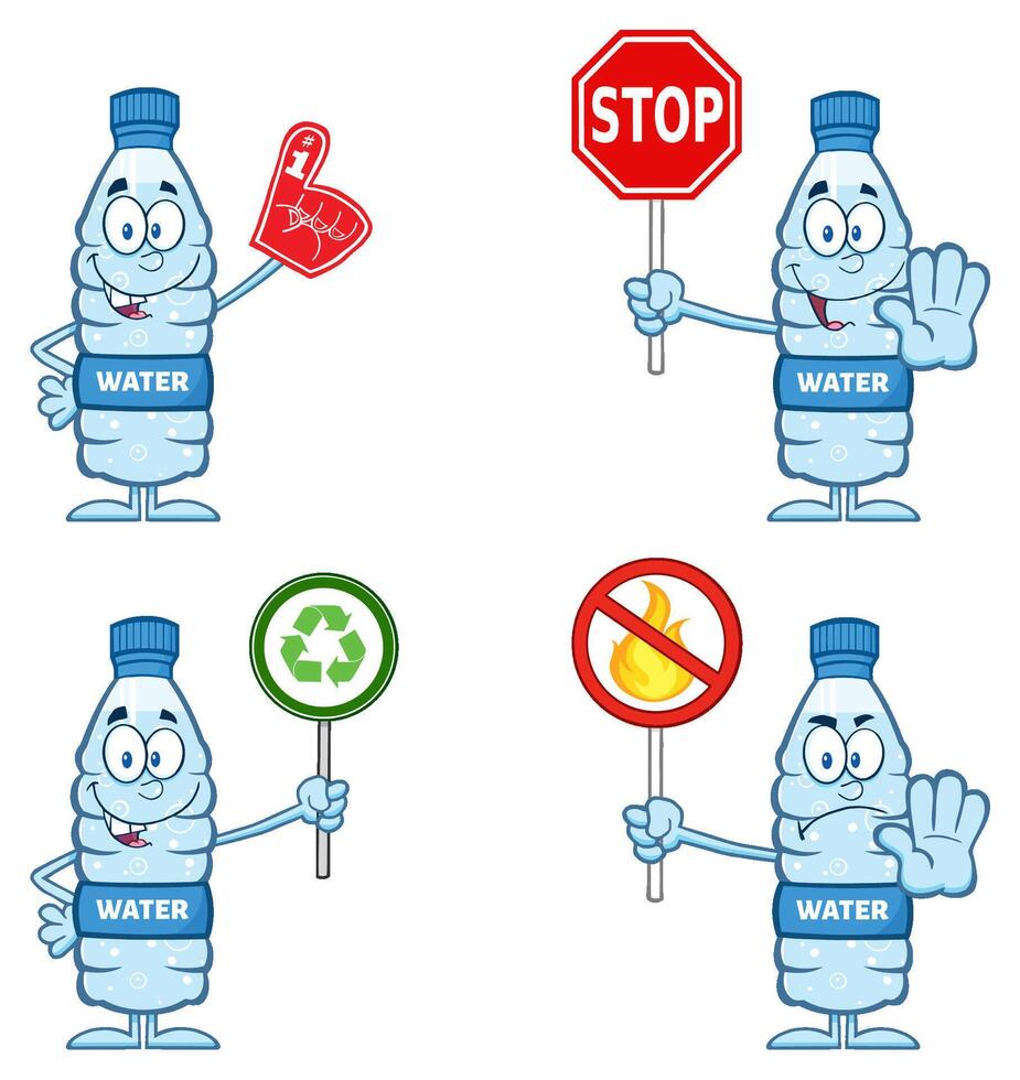 Cartoon Water Bottle Mascot Collection With Stop Recycle And Safety Signs vector