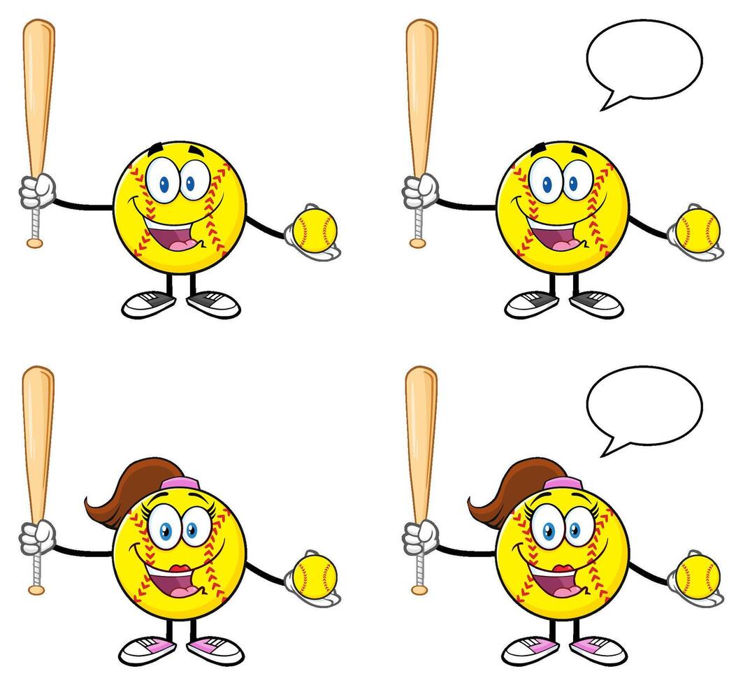 Funny Softball Cartoon Character Holding Baseball Bat And Ball Collection vector