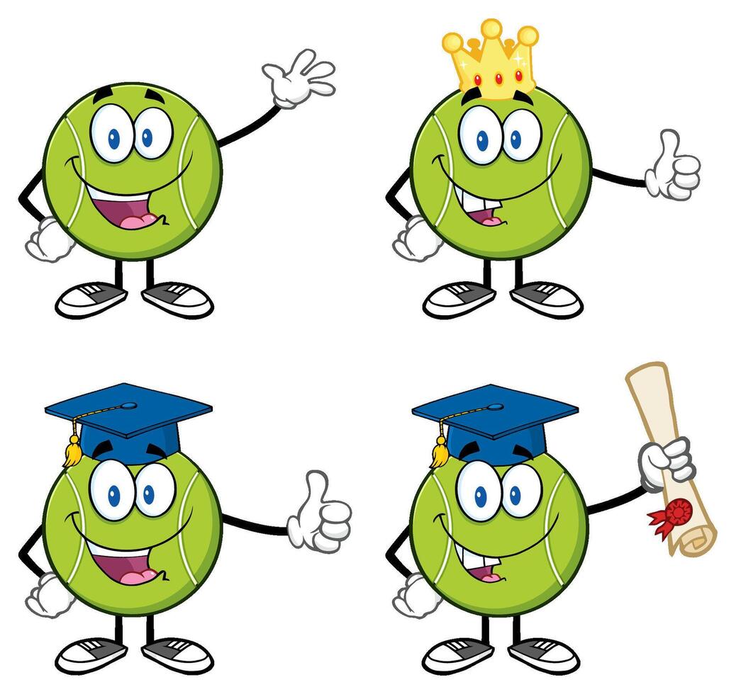 Funny Tennis Ball Character Collection With Crown And Graduation Cap vector