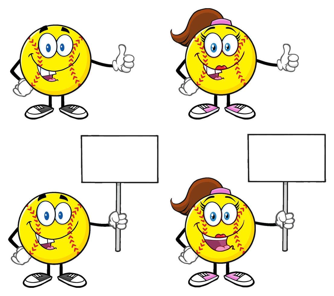 Happy Female Softball Mascot With Blank Placard And Cheerful Expression Collection vector