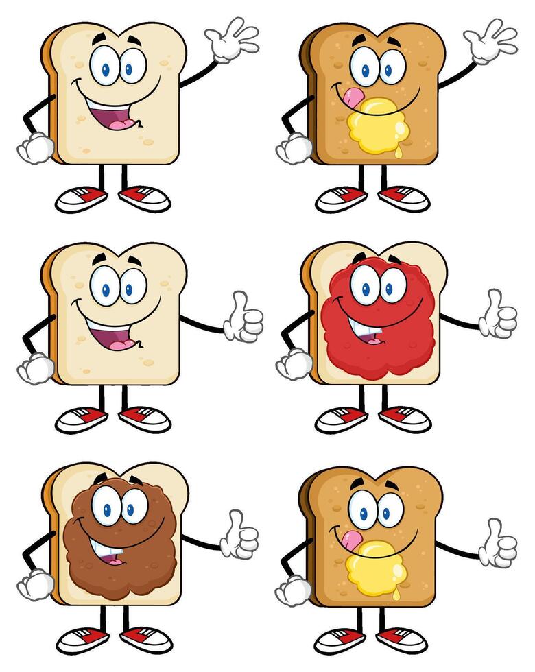 Cartoon Bread Character Collection With Peanut Butter Jam And Butter Faces vector