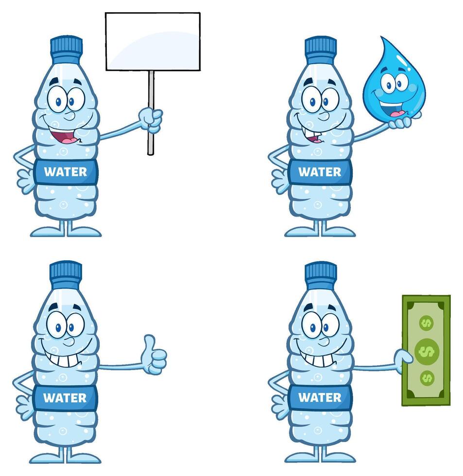 Cartoon Water Bottle Character Collection With Sign Drop And Money vector