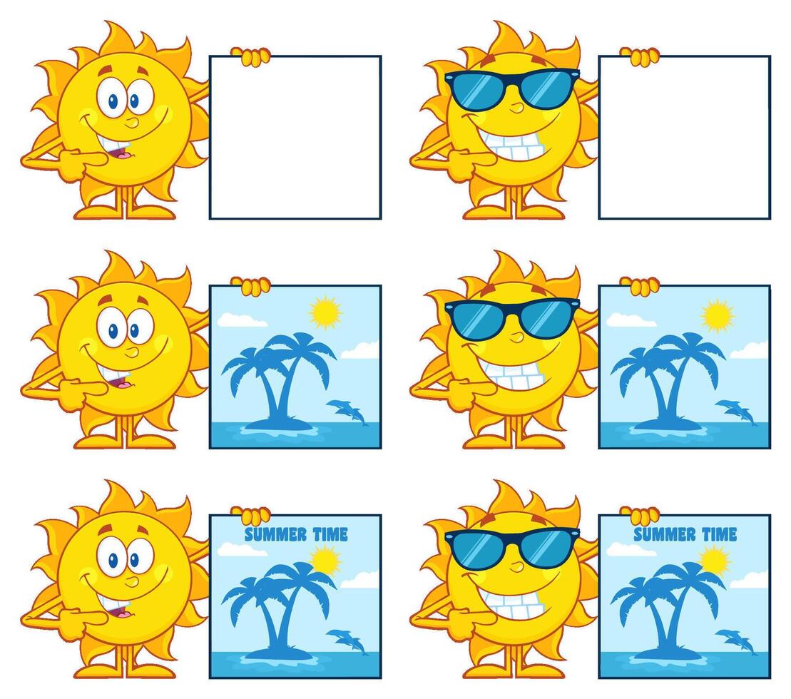 Cartoon Sun Character Collection With Summer Posters And Blank Signs vector