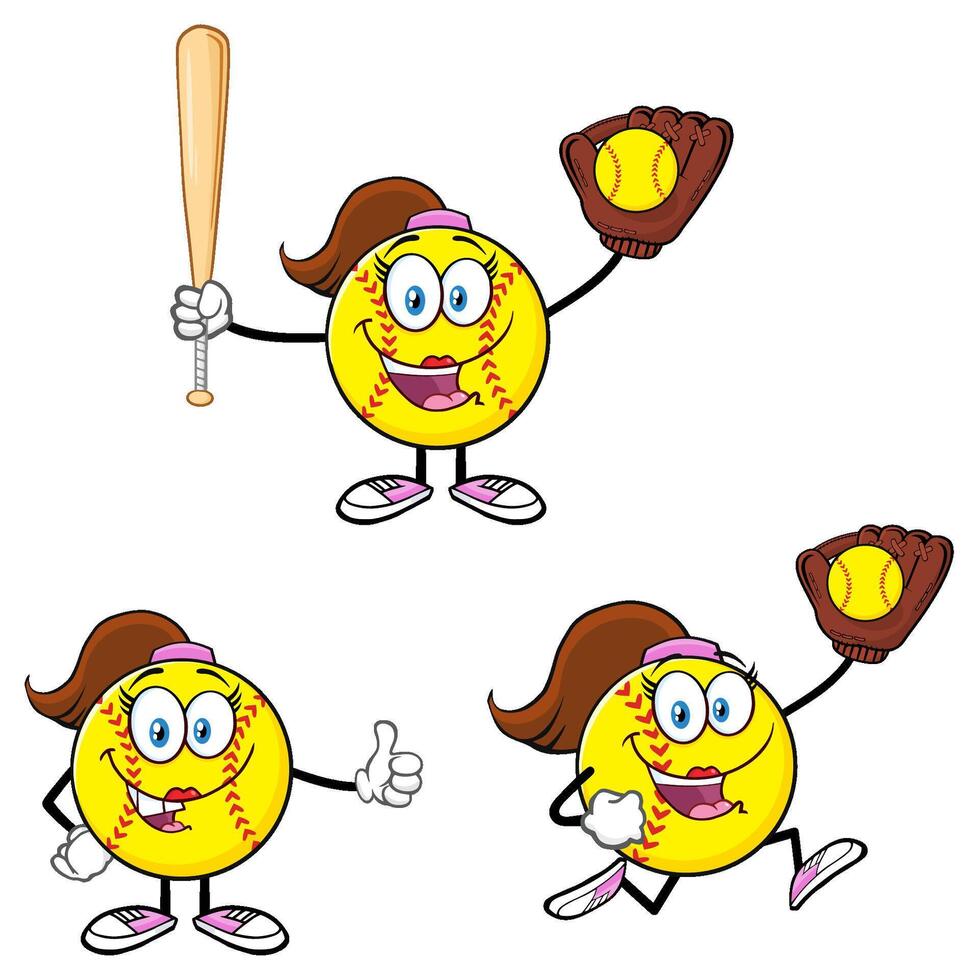 Softball Player Girl Collection With Catching Batting And Running Scenes vector