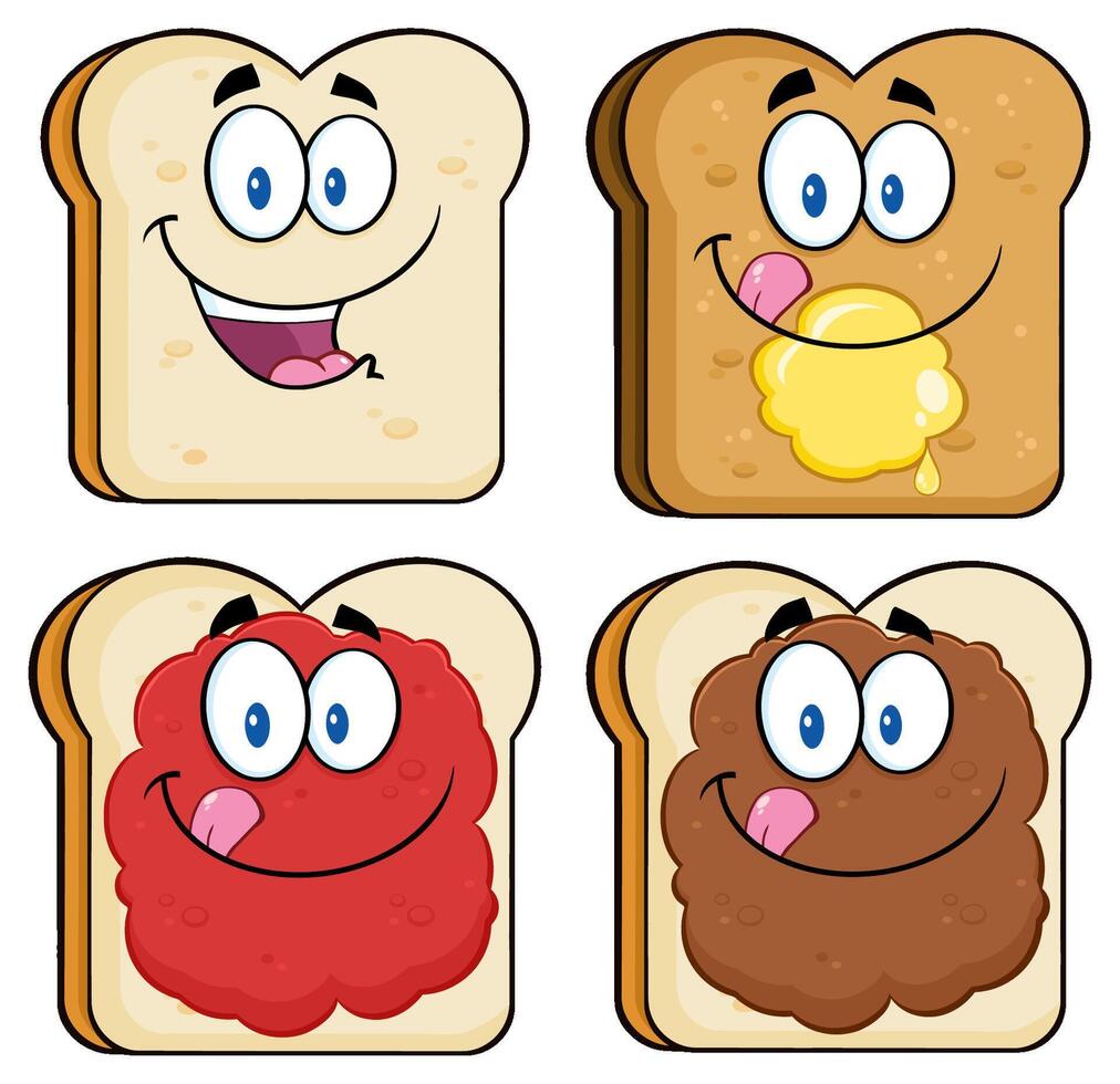 Cartoon Toast Face Collection With Butter Jam And Peanut Spread vector