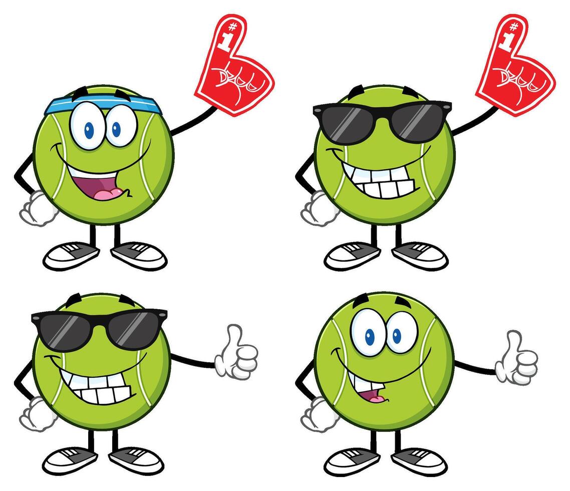 Funny Tennis Ball Character Collection With Foam Fingers And Sunglasses vector