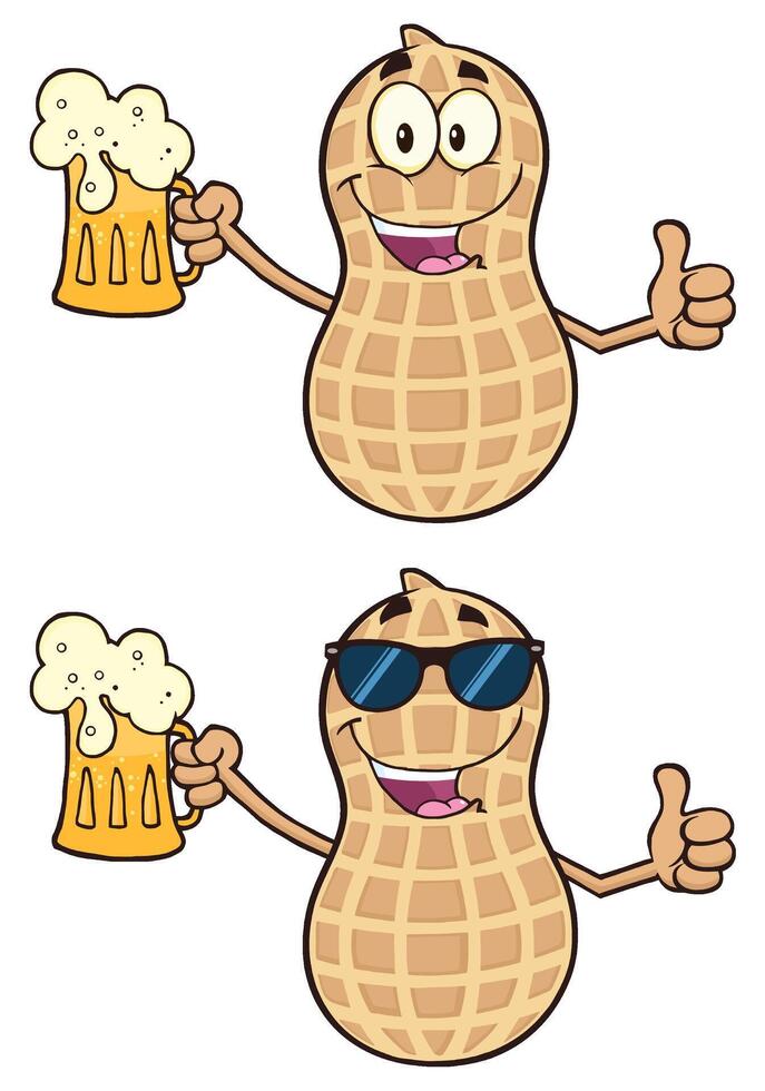 Cute Cartoon Peanut Set Holding Beer And Wearing Sunglasses vector
