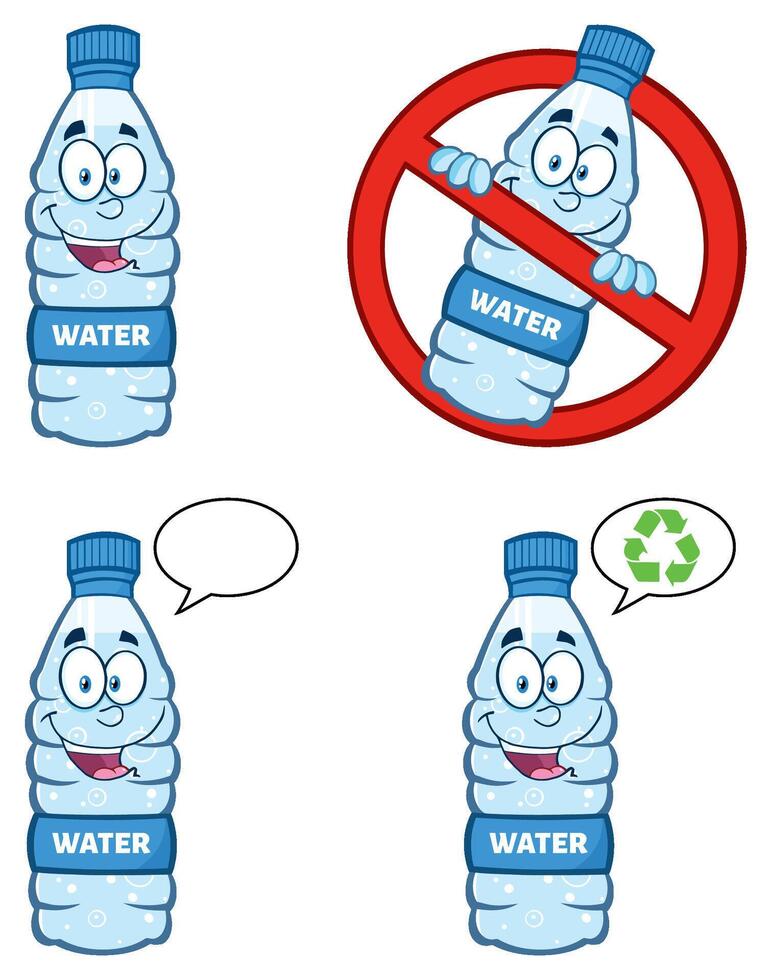 Funny Water Bottle Cartoon Character Collection With Signs And Speech Bubbles vector
