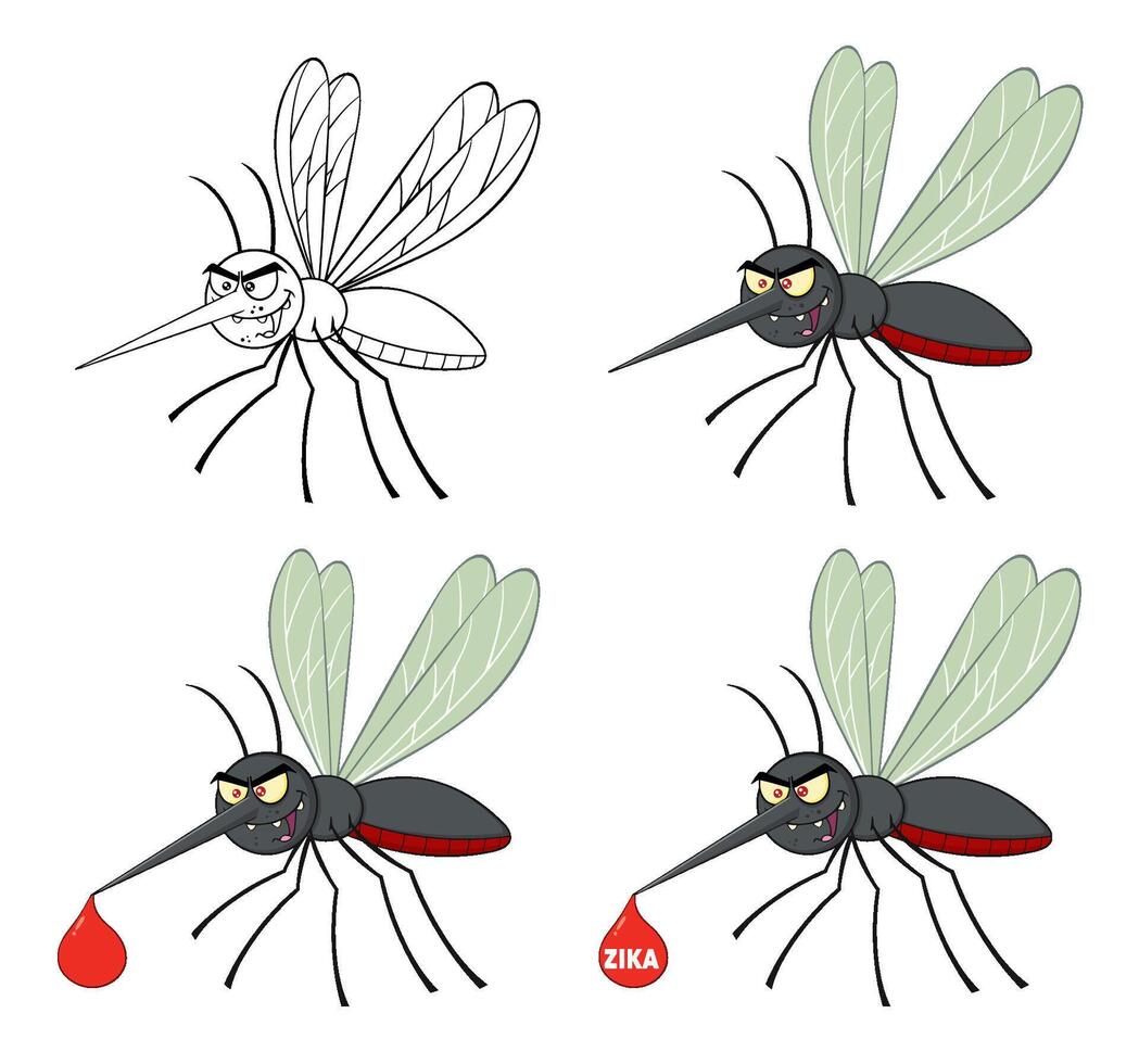 Angry Mosquito Character Collection With Blood Drop And Zika Virus Message vector