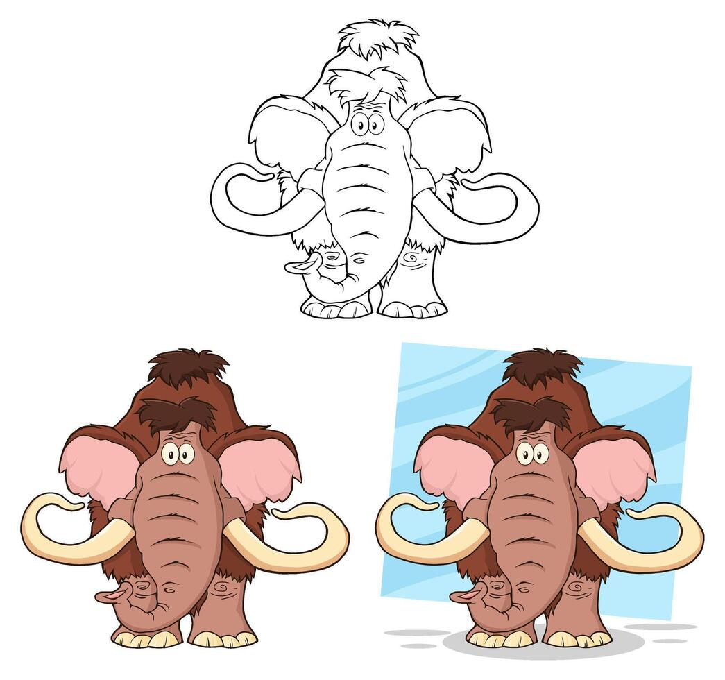 Funny Mammoth Character Collection With Color And Outline Versions vector