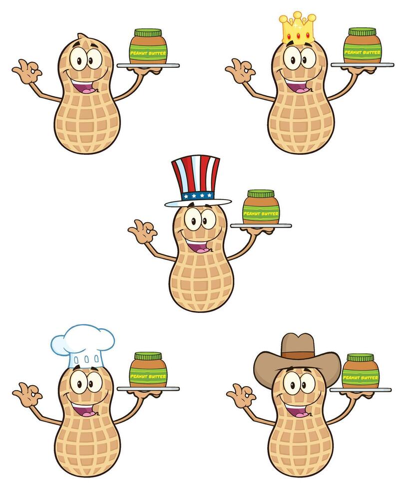 Funny Peanut Character Collection Holding Peanut Butter Jars And Wearing Hats vector
