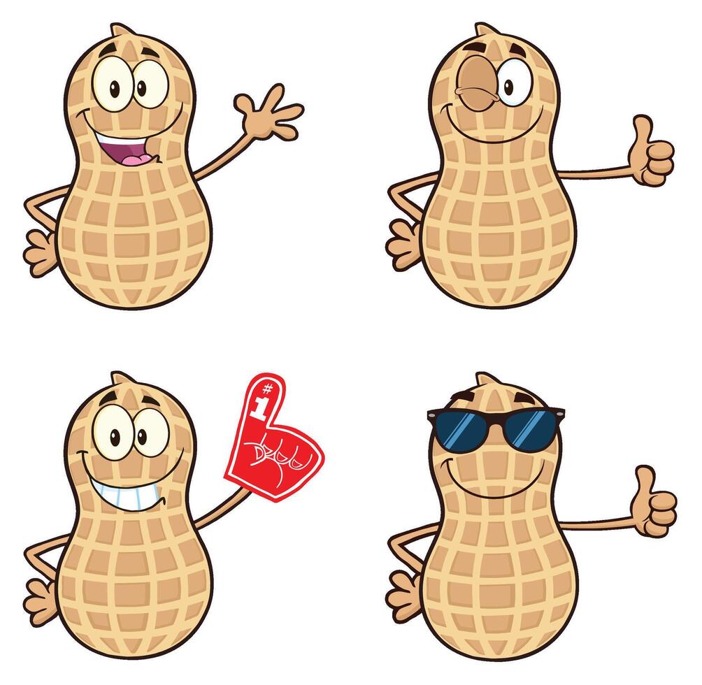 Funny Peanut Character Collection Giving Thumbs Up And Holding Foam Finger vector
