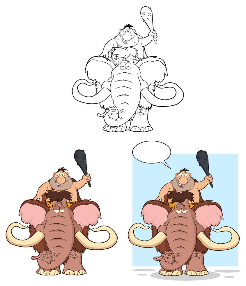 Happy Caveman Characters Riding Mammoth Holding Club And Smiling vector