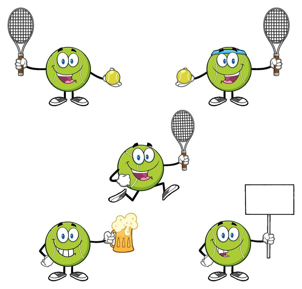 Happy Tennis Ball Mascots With Tennis Rackets Beer And Blank Signs vector
