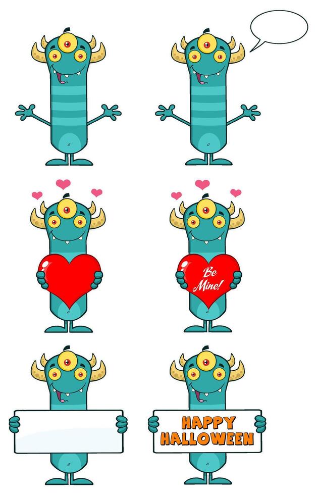 Cute Cartoon Monster Set Showing Love Messages And Halloween Greetings vector