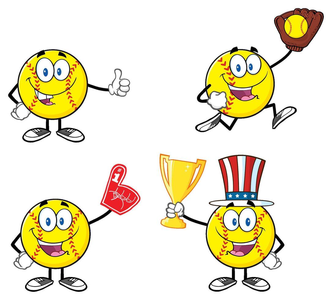 Cartoon Softball Character Collection With Trophy Glove And Patriotic Hat vector