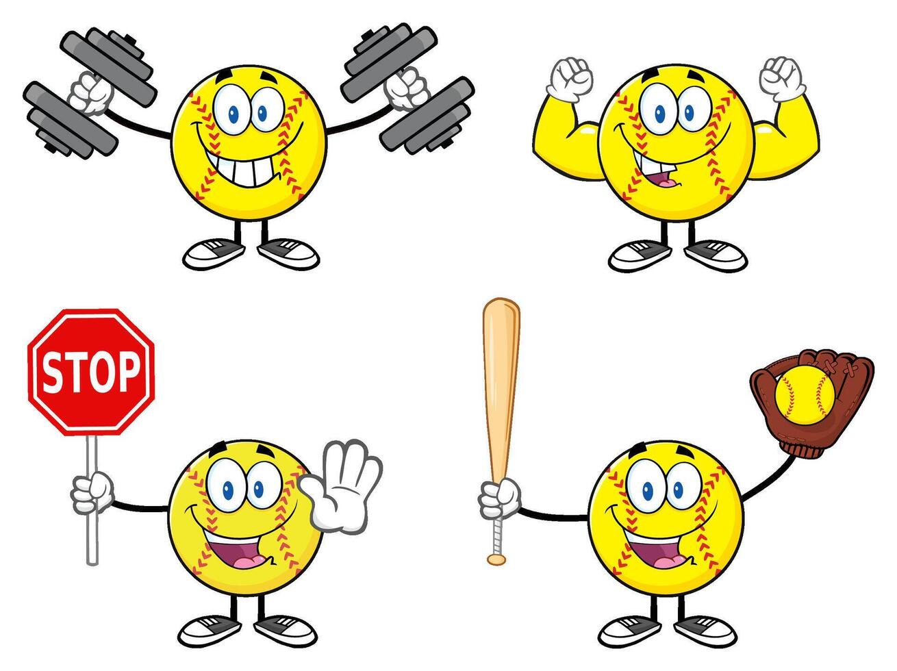 Softball Athlete Character Collection With Bat Weightlifting And Signals vector