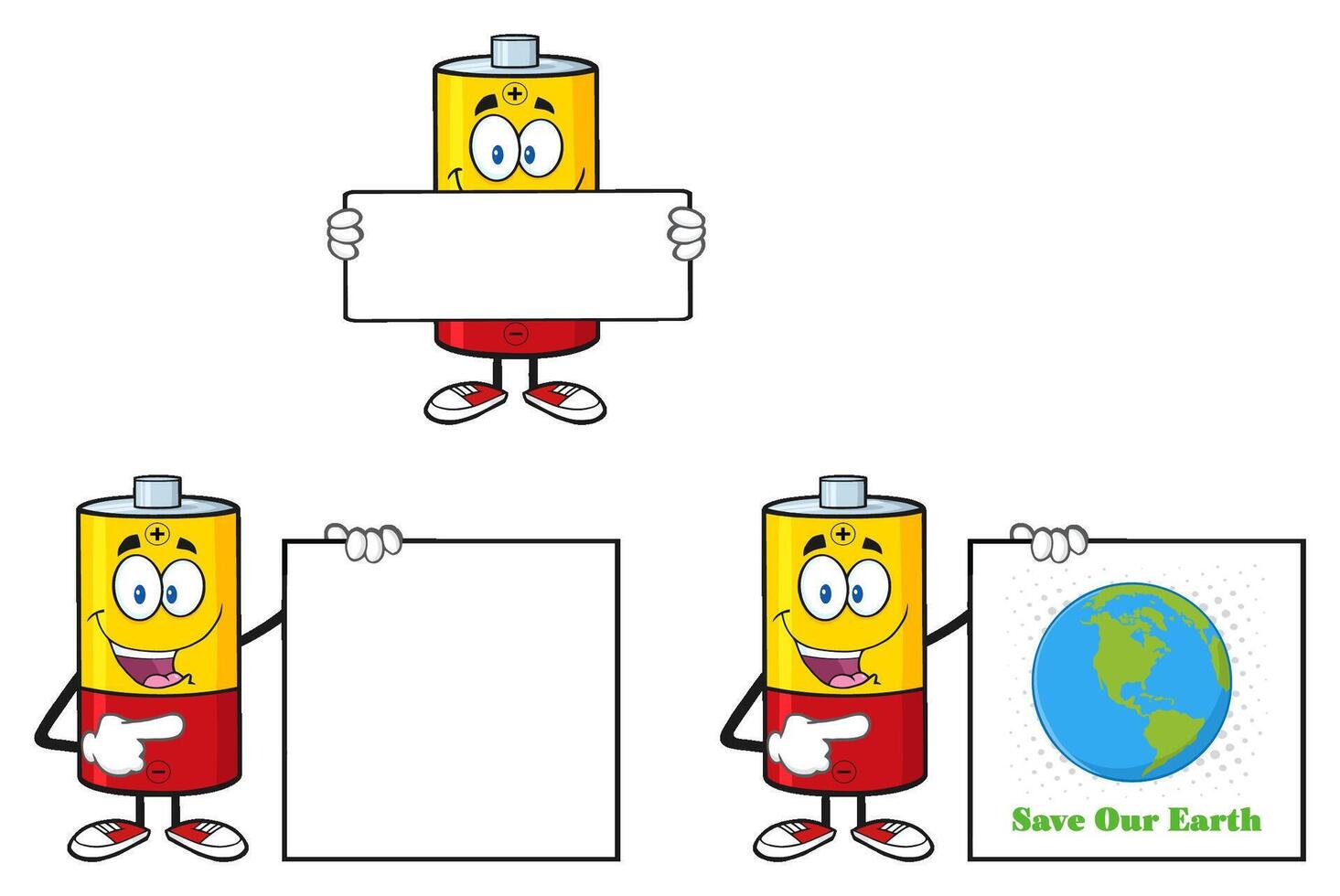 Cartoon Battery Character Collection With Eco Message And Blank Signs vector