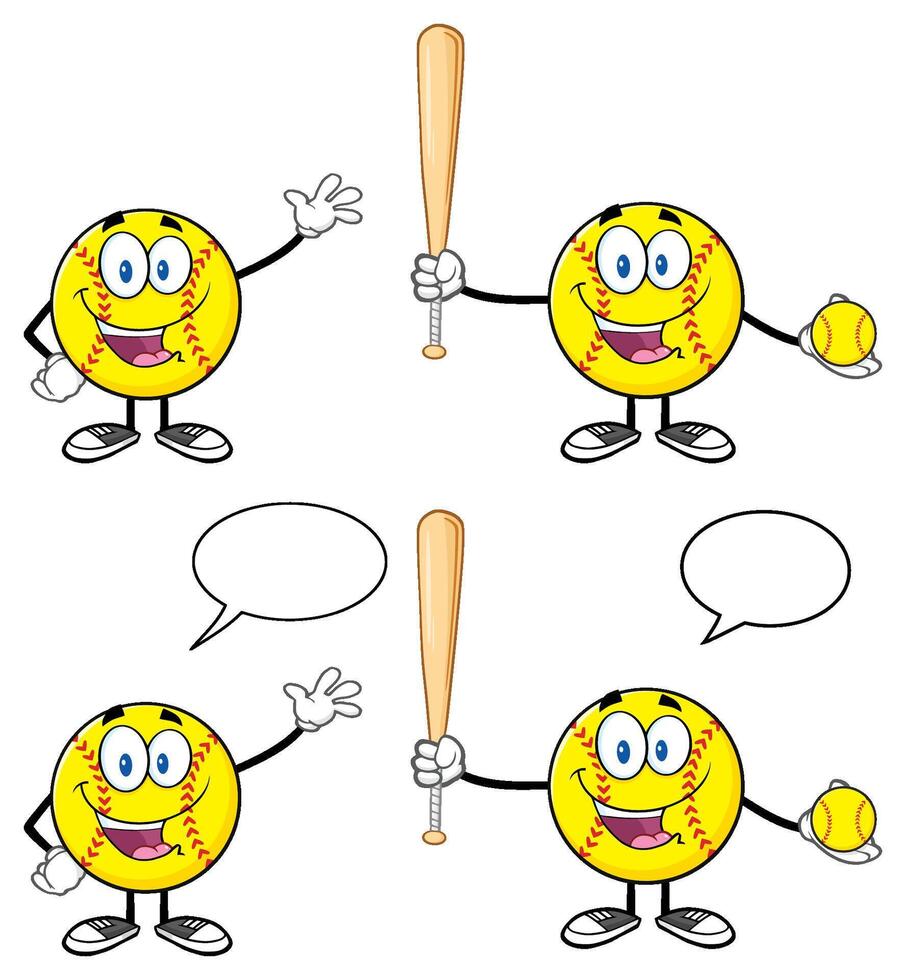 Cartoon Softball Character Collection With Bat Ball And Speech Bubbles vector