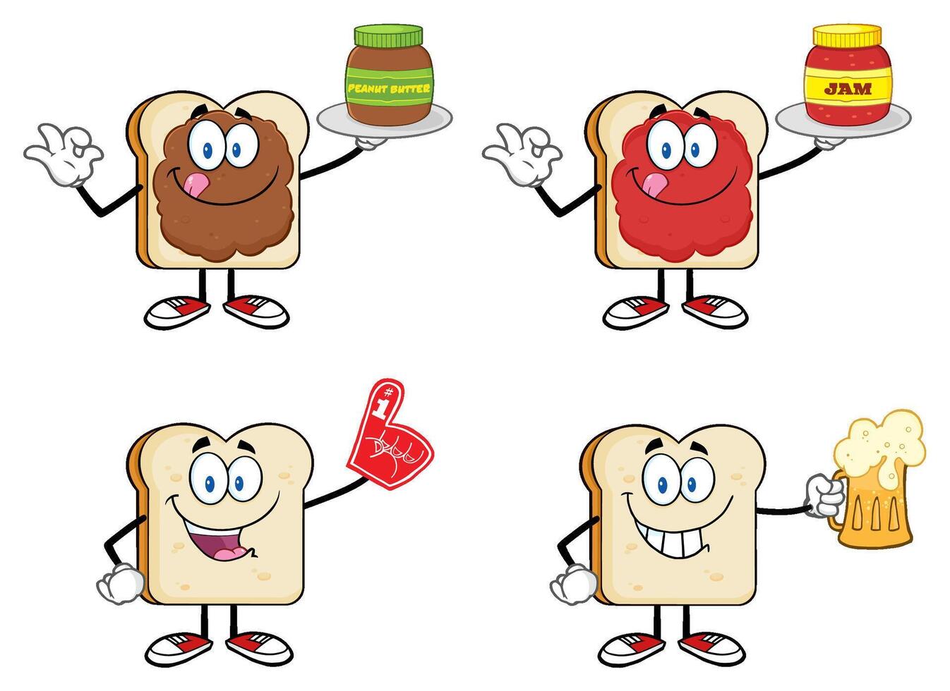 Cartoon Bread Character Collection With Peanut Butter Jam And Beer Mug vector