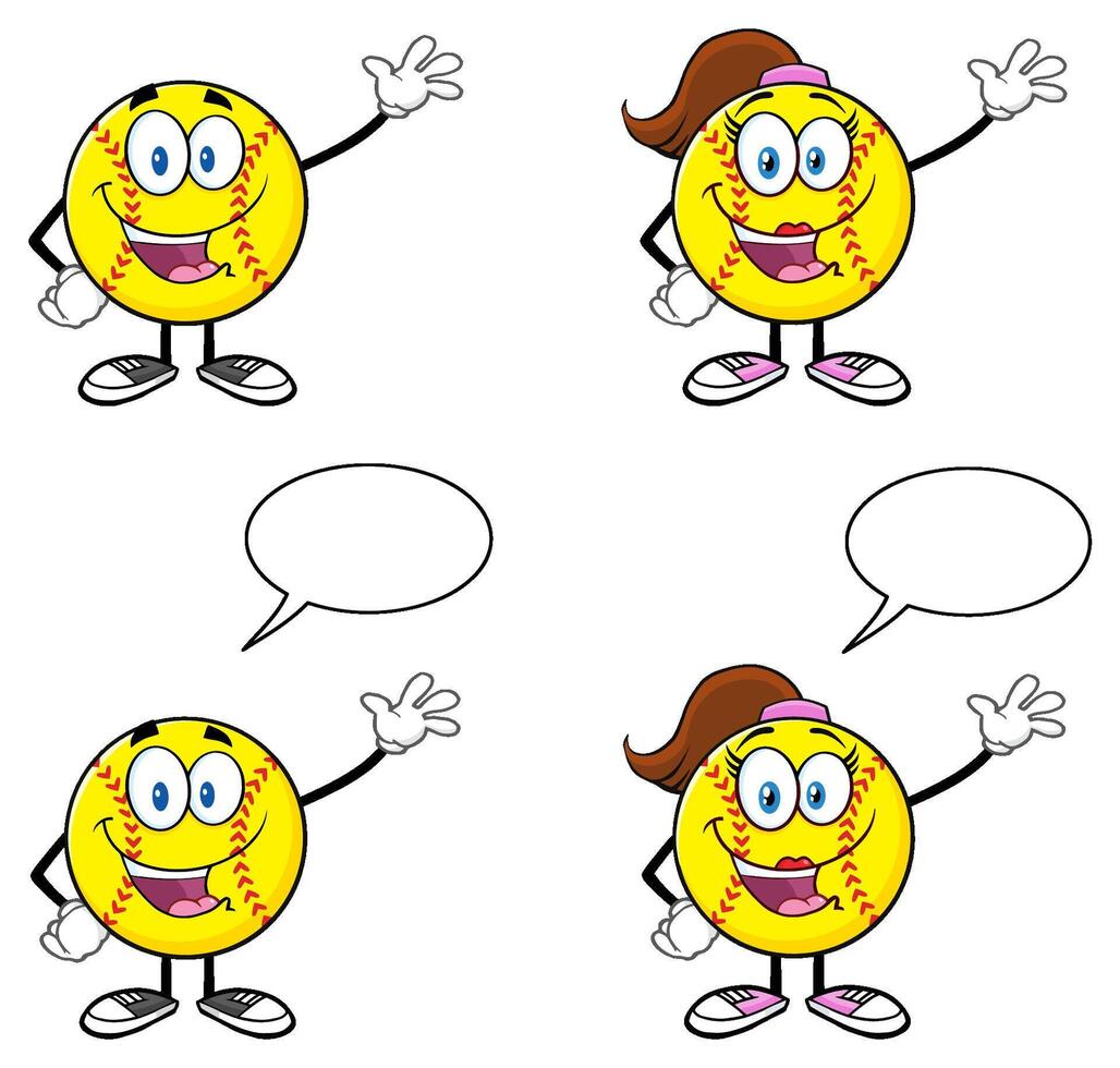 Male And Female Softball Collection With Hello Gesture And Talking Bubbles vector