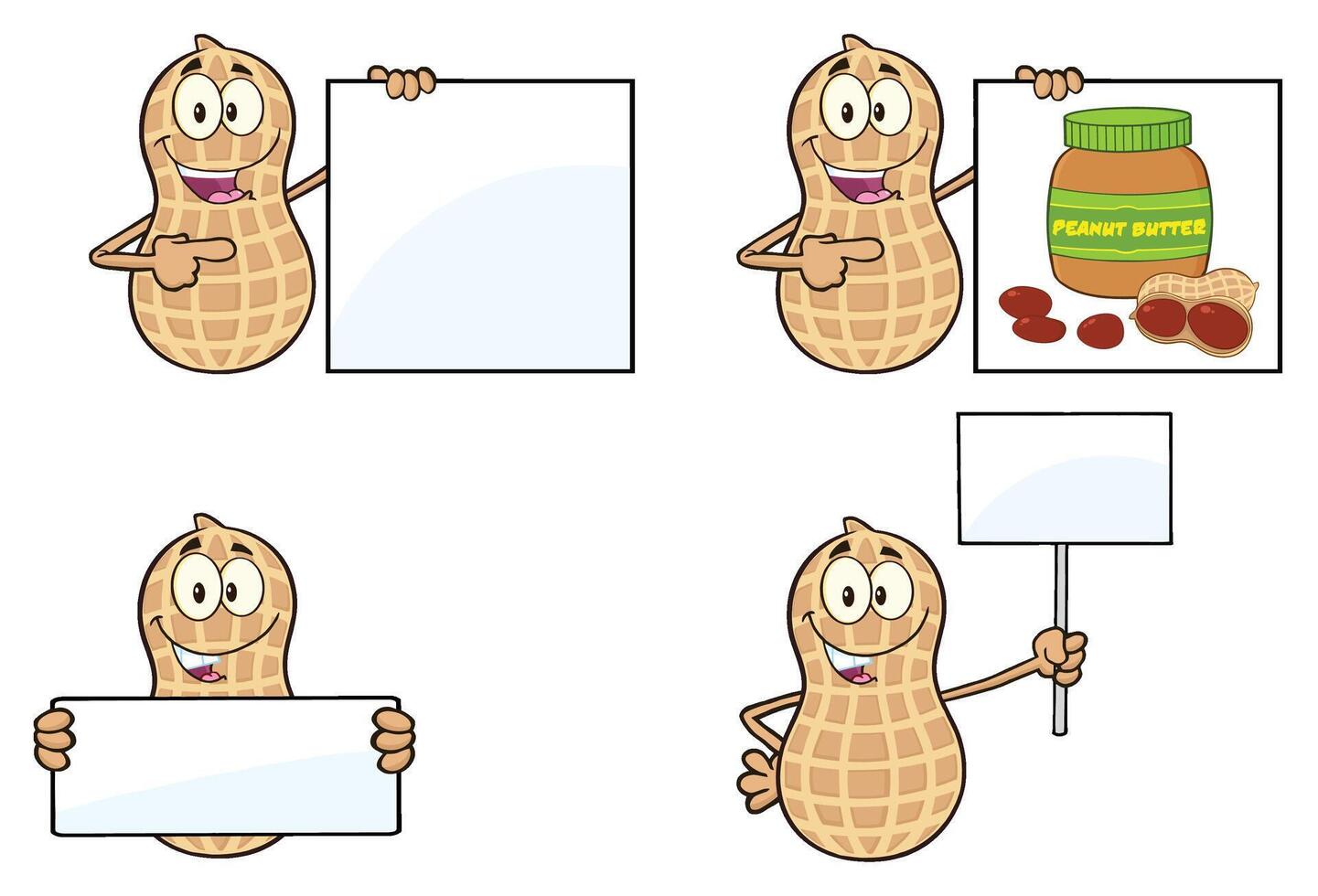 Funny Peanut Character Collection Holding Blank Signs And Peanut Butter Jar vector