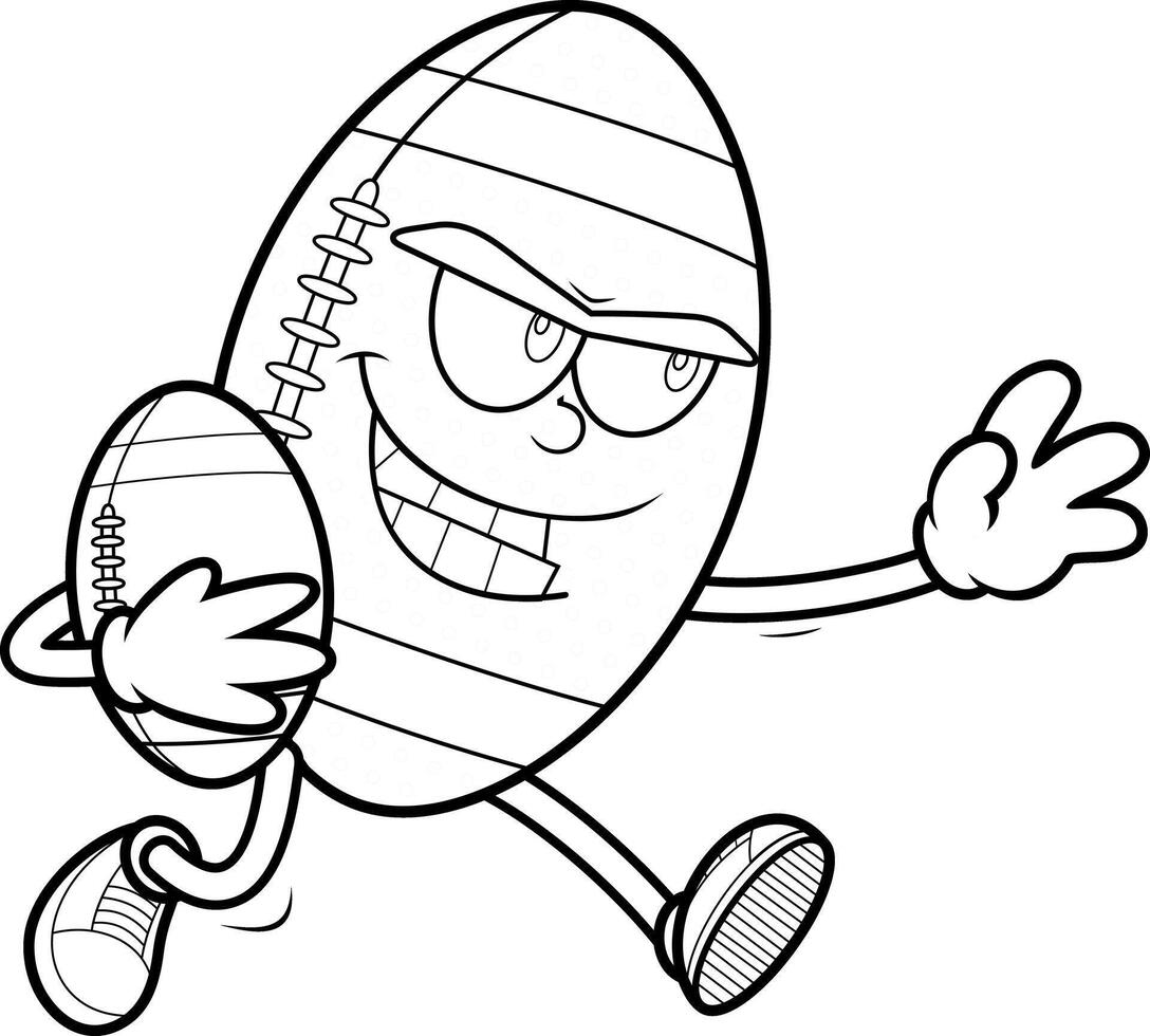 Black And White Cartoon Rugby Ball Mascot Running With Determination vector