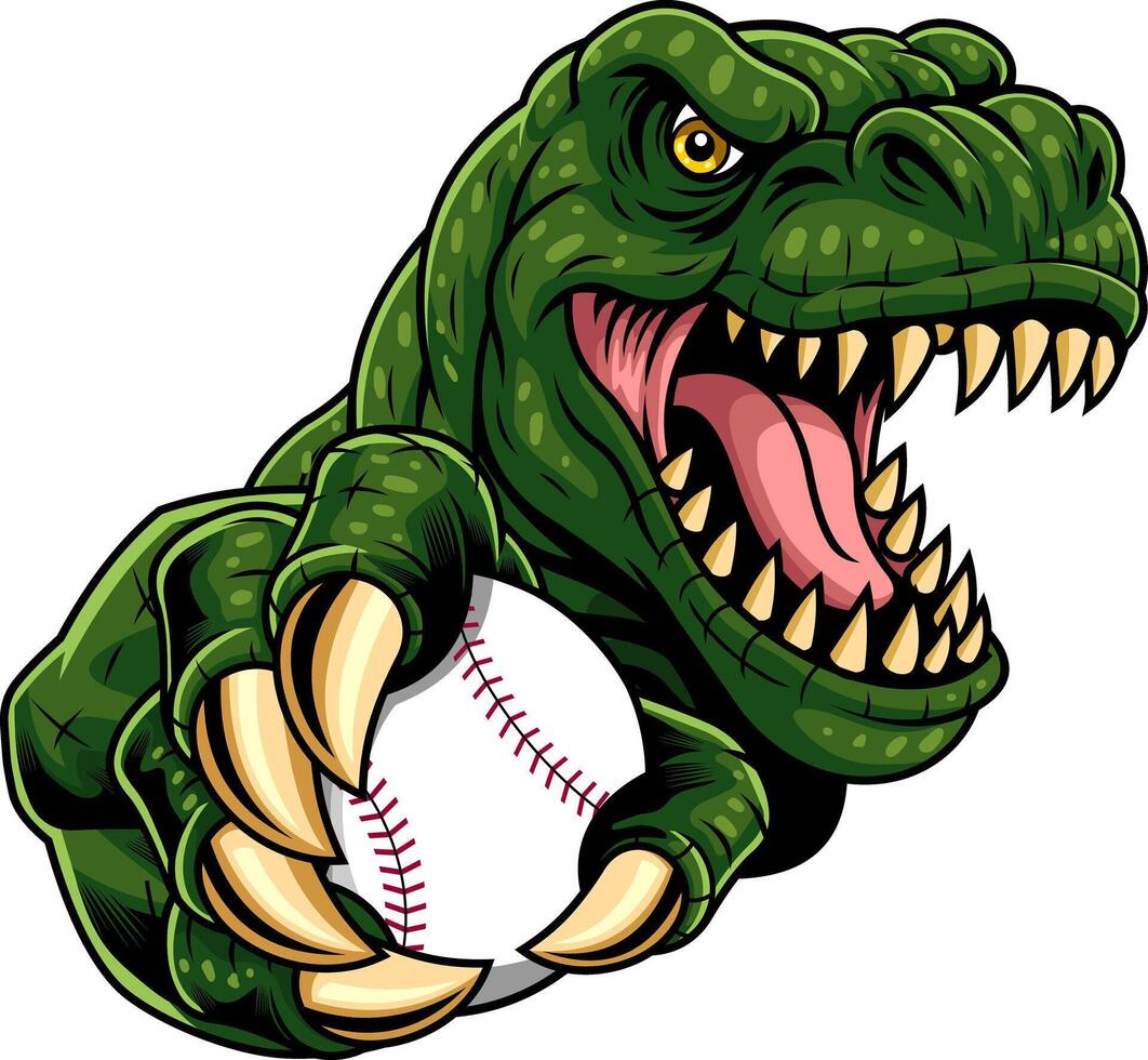 Ferocious Dinosaur Mascot Holding Baseball With Sharp Claws vector