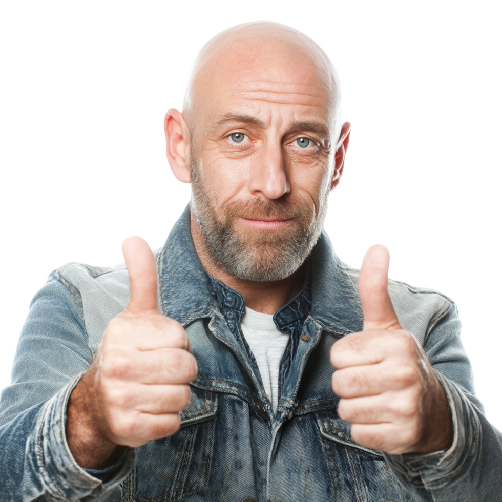 A bald man with a denim jacket and a thumbs up png
