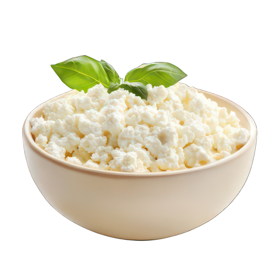 Cottage cheese in a bowl with basil leaves png