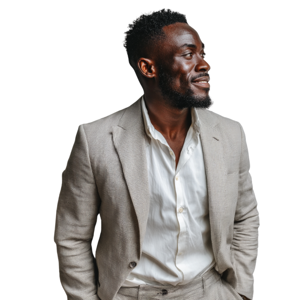 A man in a suit and white shirt png