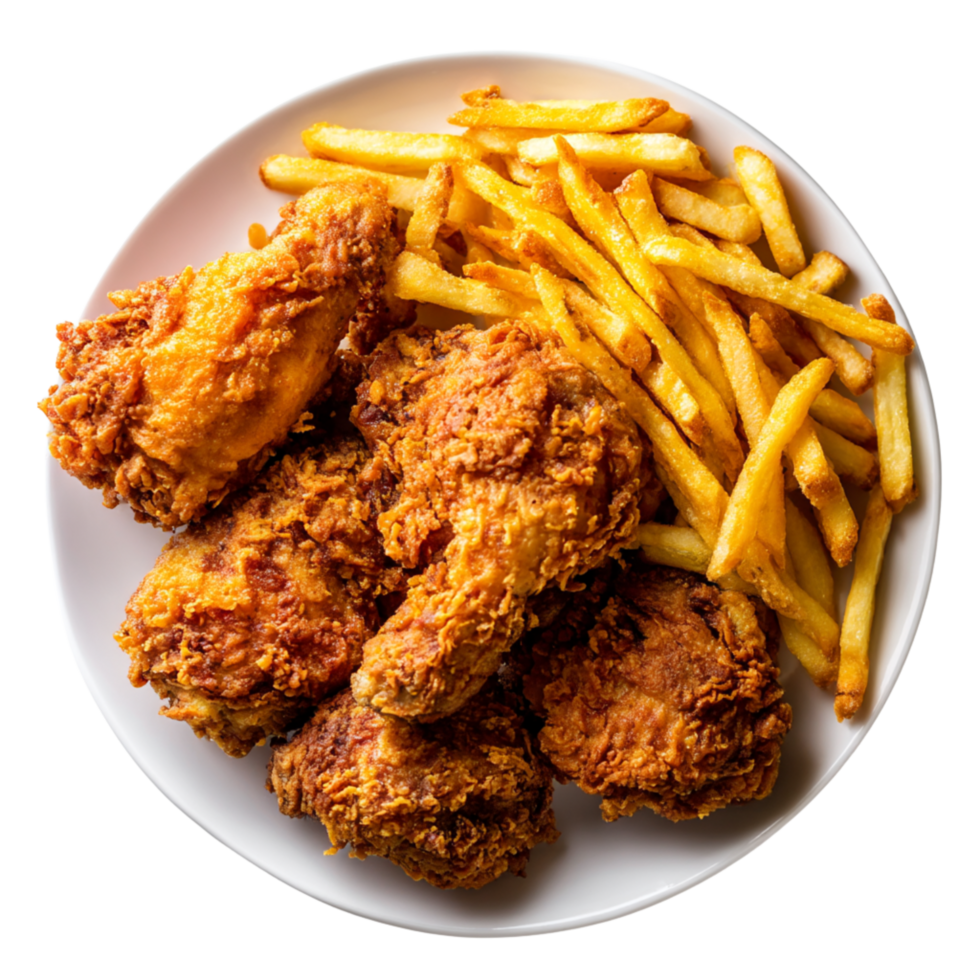 Fried chicken and french fries on a white plate png
