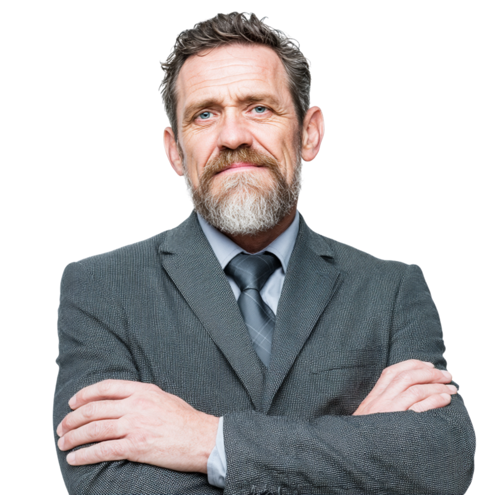 A man with a beard and suit standing with his arms crossed png