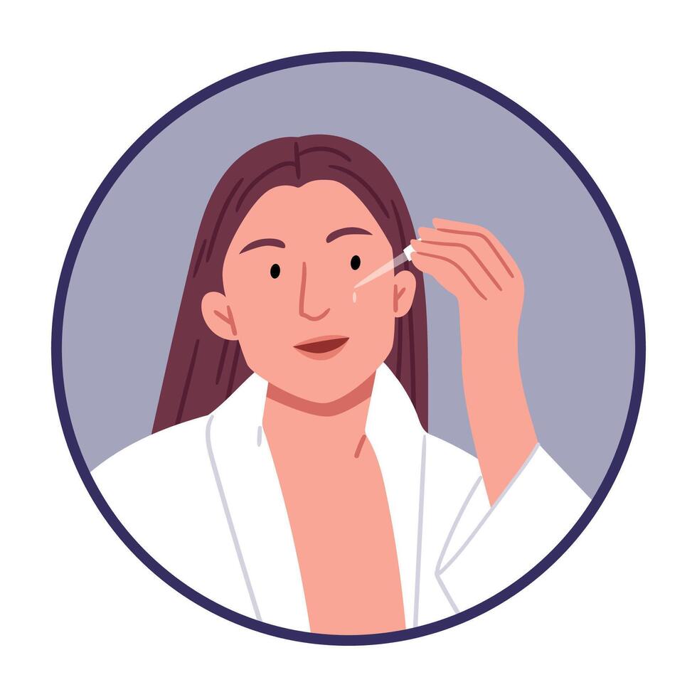 Woman with applicator near mirror.Beauty procedure.Organic vegan face skincare essence. Girl treating with facial skin care beauty product. vector