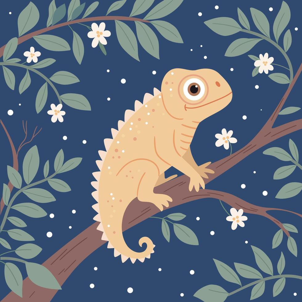 WeCute chameleon sitting on a flowering tree. Summer night, print on a blue background. Cute animal.b vector