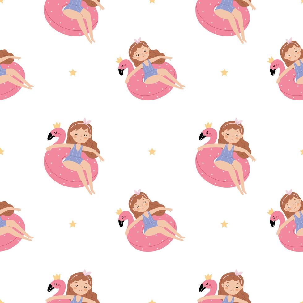 Summer beach pattern. Cute girl in a swimsuit swimming on an inflatable flamingo vector