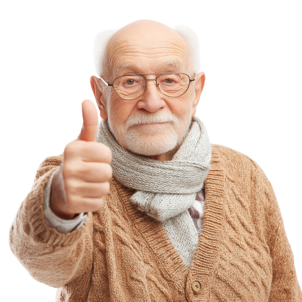 An elderly man with glasses and a scarf giving the thumbs up png