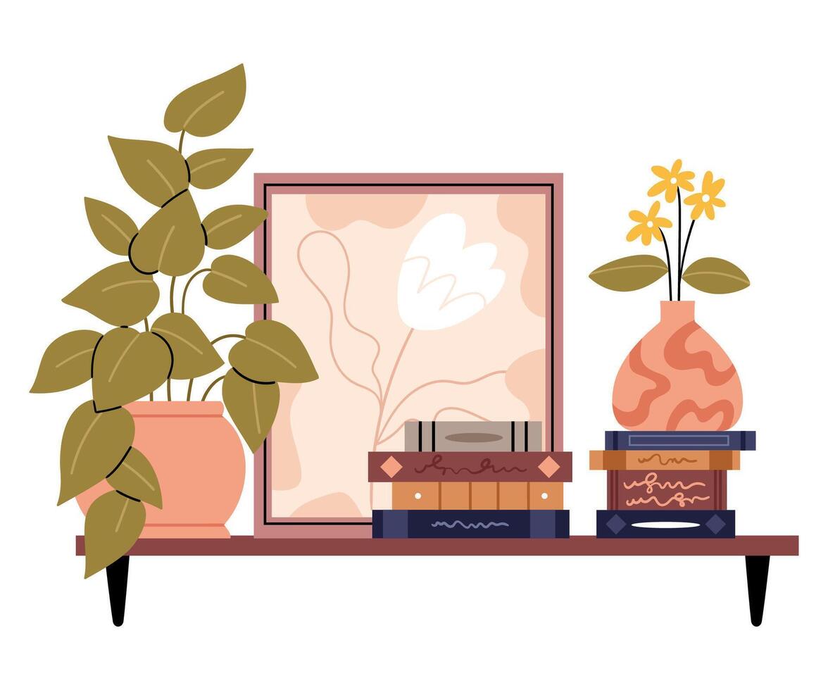 Bookshelf with books, plants and abstract painting.Book spines, covers standing upright in row. Fiction literature in home library with potted plant. vector